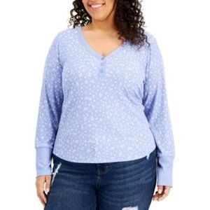 Hippie Rose Womens Trendy Plus Size Floral-Print Henley Top,Peri Floral,2X